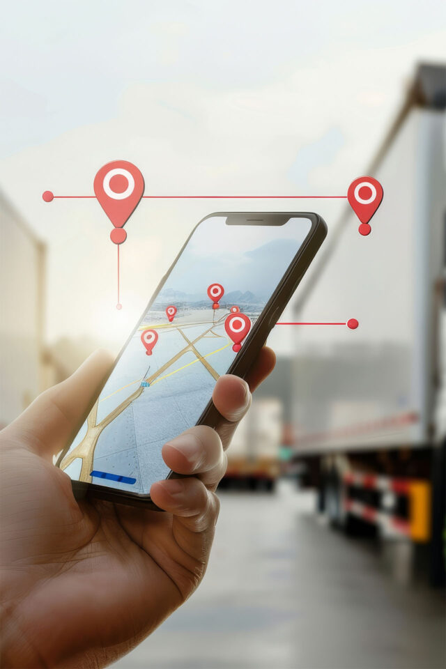 Een hand houdt een smartphone vast met een kaart en locatiepinnen voor het volgen van transporten in een logistieke omgeving.