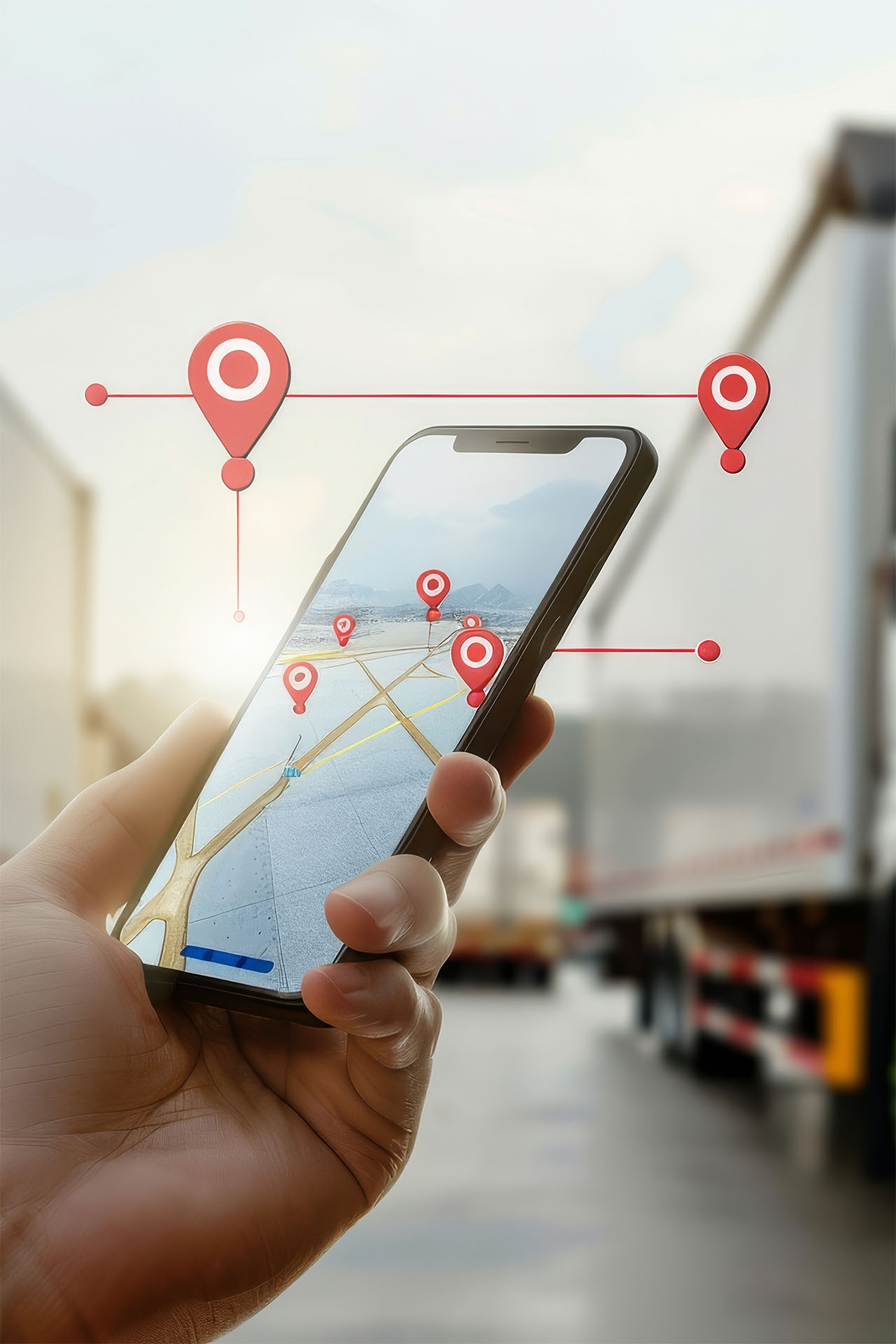 Een hand houdt een smartphone vast met een kaart en locatiepinnen voor het volgen van transporten in een logistieke omgeving.