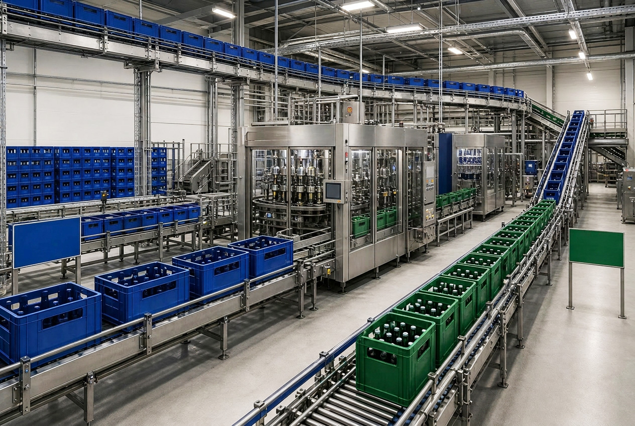 Transporttechniek voor lege en volle kratten met hygiënisch ontwerp en reinigingsvriendelijke componenten voor de voedingsindustrie.