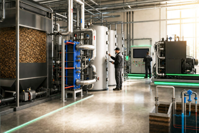 Moderne energiecentrale met warmteterugwinning en intelligente procesbesturing.